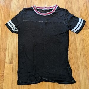 Pink Rose Black Tee with Red and White Stripe Trim
